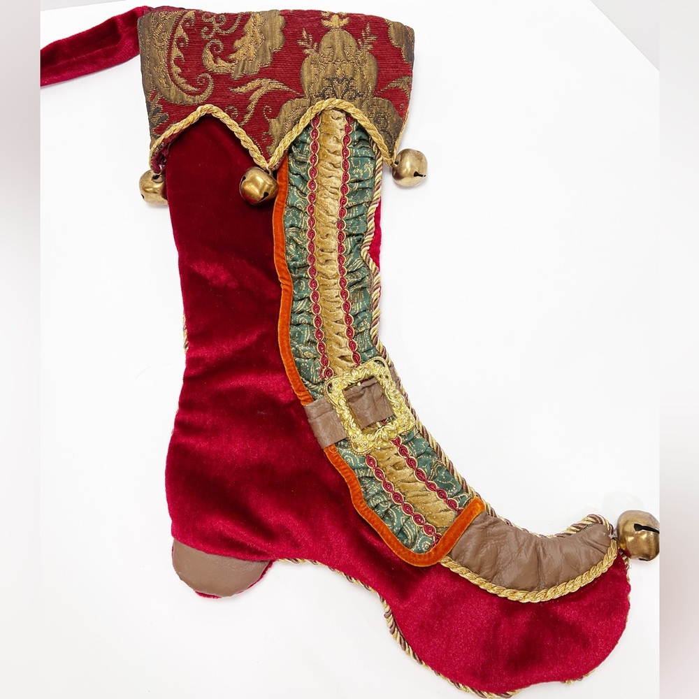 VINTAGE CHRISTMAS STOCKING LARGE RED VELVET VICTORIAN LOOK GOLD BELLS BROCADE